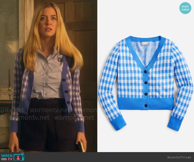 J. Crew Cashmere cropped V-neck cardigan sweater in gingham worn by Kelly Beasley (Mallory Bechtel) on Pretty Little Liars Original Sin