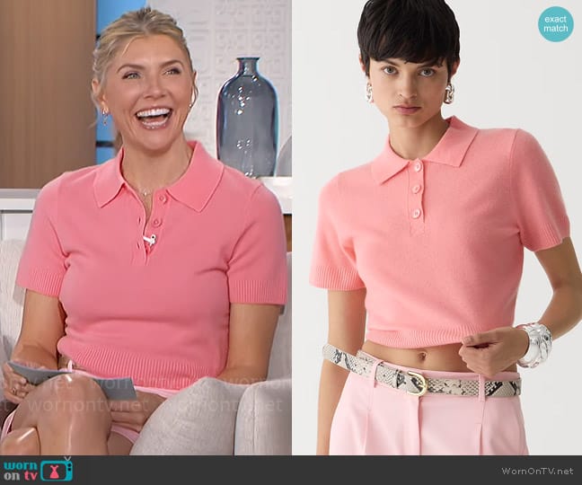 J. Crew Cashmere cropped sweater-polo in Spiced Guava worn by Amanda Kloots on The Talk