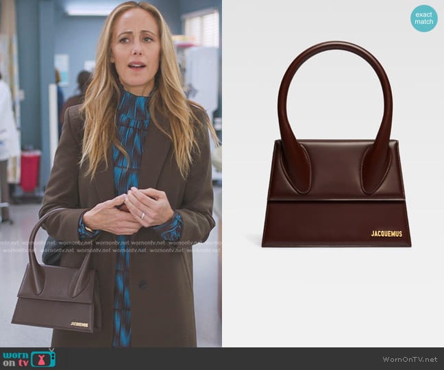 WornOnTV: Teddy’s blue printed dress and brown top handle bag on Greys ...