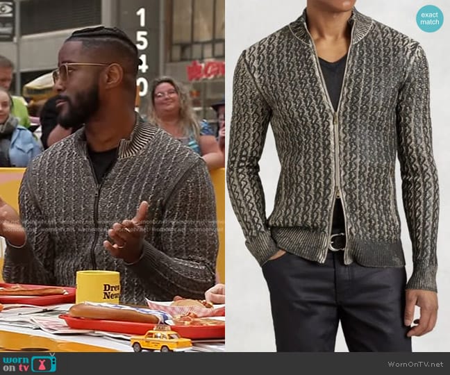 John Varvatos Foil Cable Full Zip Cardigan Sweater worn by Nate Burleson on The Drew Barrymore Show