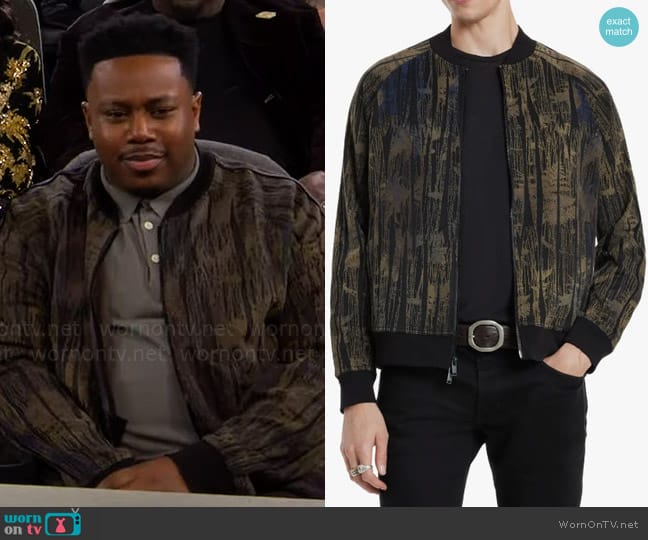 John Varvatos Hammond Foliage Jacquard Bomber Jacket worn by Marty (Marcel Spears) on The Neighborhood