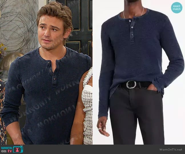 John Varvatos Memphis Waffle Long Sleeve Henley in Navy worn by Johnny DiMera (Carson Boatman) on Days of our Lives