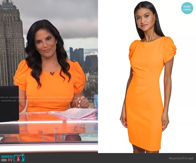 Karl Lagerfeld Puff-Sleeve Sheath Dress in Tangerine worn by Darlene Rodriguez on Today