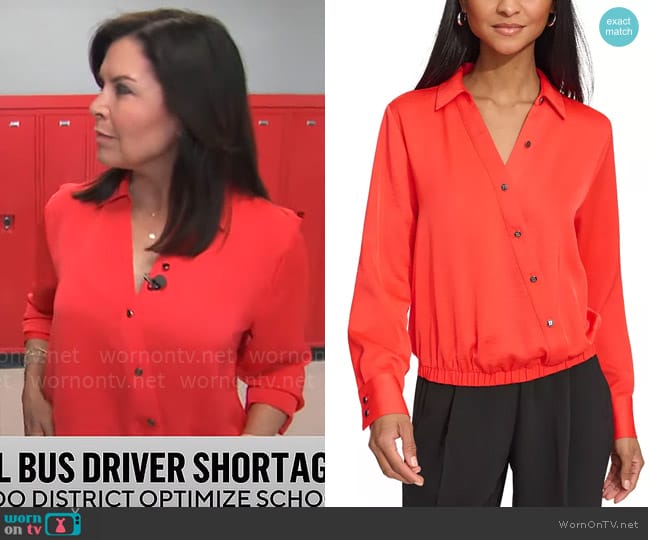 Karl Lagerfeld Paris Faux-Wrap Top worn by Meg Oliver on CBS Mornings