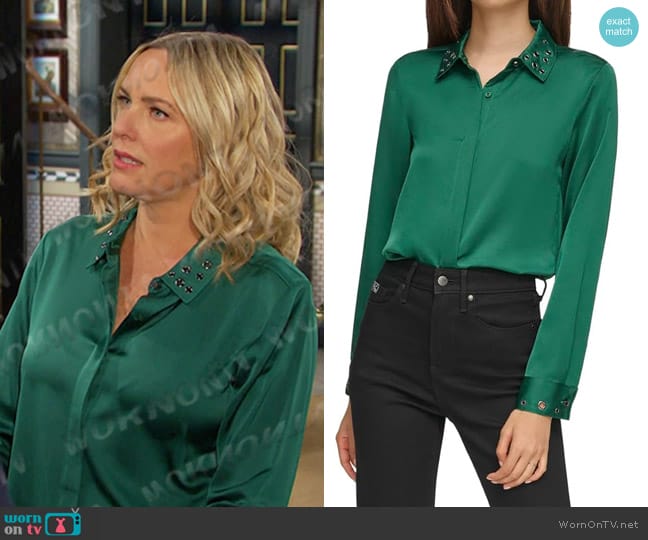 Karl Lagerfeld Grommet Collar Blouse in Deep Forest worn by Nicole Walker (Arianne Zucker) on Days of our Lives