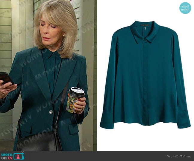 Kobi Halperin Larissa Silk Blend Blouse in Sea Moss worn by Marlena Evans (Deidre Hall) on Days of our Lives