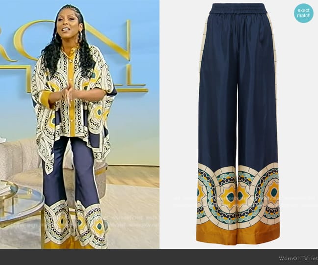 LA DoubleJ Printed silk twill palazzo pants worn by Tamron Hall on Tamron Hall Show