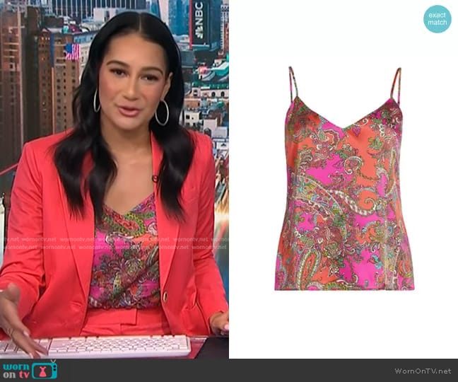 L'Agence Jane Paisley Silk Tank in Rhodamine Pop worn by Morgan Radford on NBC News Daily