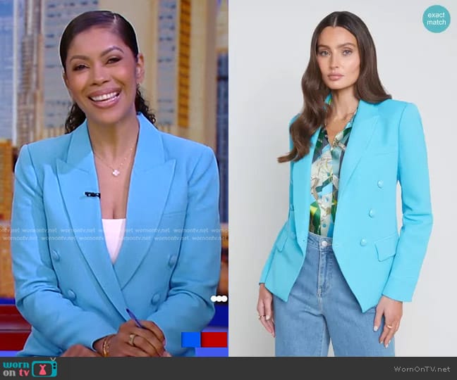 L'Agence Kenzie Double Breasted Blazer in Blue Atoll/ Multi worn by Shirleen Allicot on Good Morning America