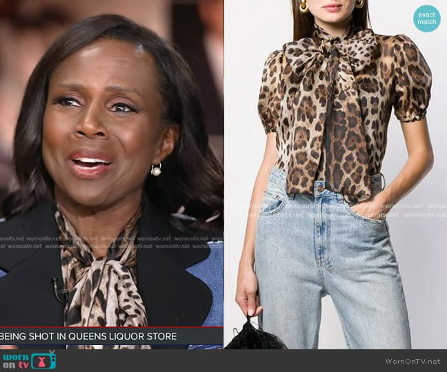 Dolce & Gabbana Leopard Print Pussy Bow Blouse worn by Deborah Roberts on Good Morning America