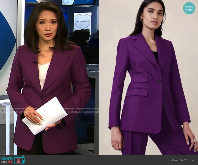 Banana Republic Lido Blazer in Deep Purple worn by Nancy Chen on CBS Evening News