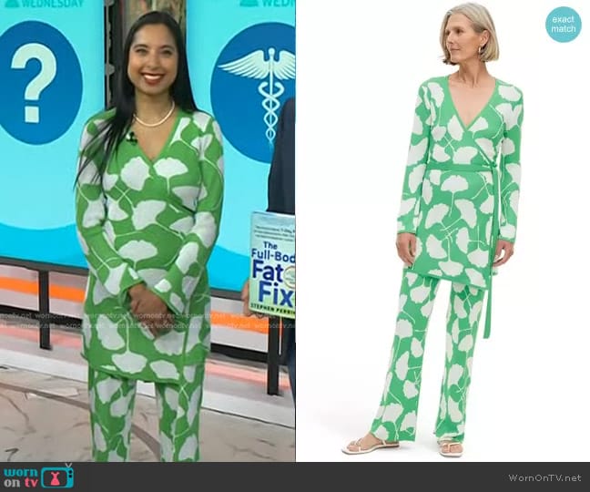 DVF for Target V-Neck Ginkgo Green Sweater Wrap Top and Pants worn by Dr. Roshini Rajapaksa on Today