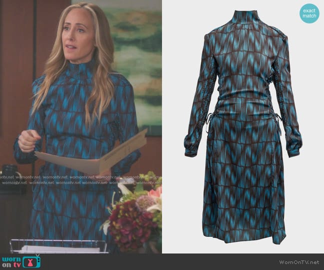 Low Classic Printed High-Neck Side-Shirred Midi Dress worn by Teddy Altman (Kim Raver) on Greys Anatomy