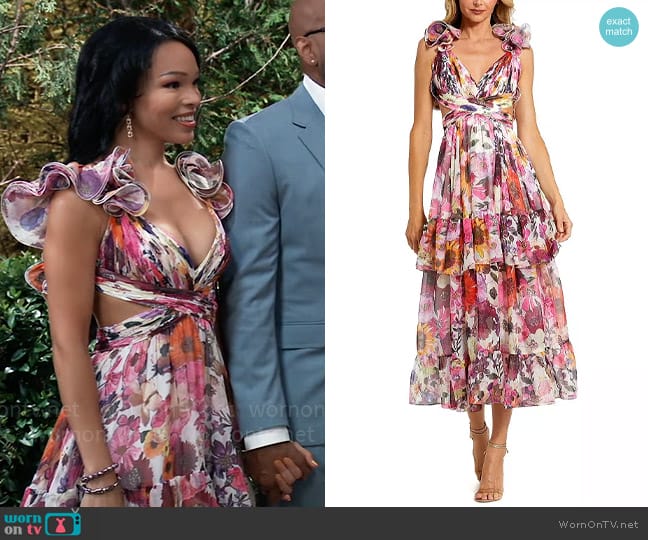 Mac Duggal Ruffle Tiered Cut-Out Floral Chiffon Dress worn by Portia Robinson (Brook Kerr) on General Hospital