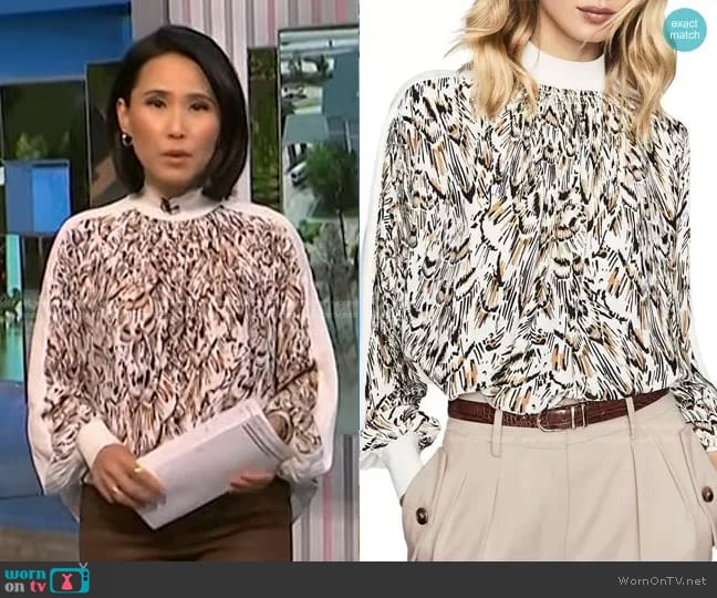 Reiss Magda Feather Print Top worn by Vicky Nguyen on NBC News Daily