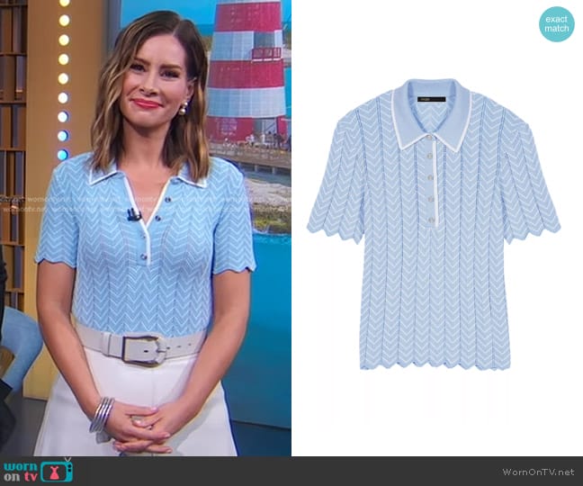 Maje Maximal Chevron Knit Top in Light Blue worn by Rebecca Jarvis on Good Morning America