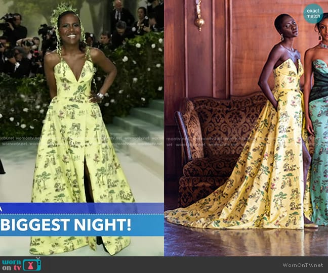 Mark Ingram x Sheila Bridges Harlem Toile Print Gown worn by Deborah Roberts on Good Morning America