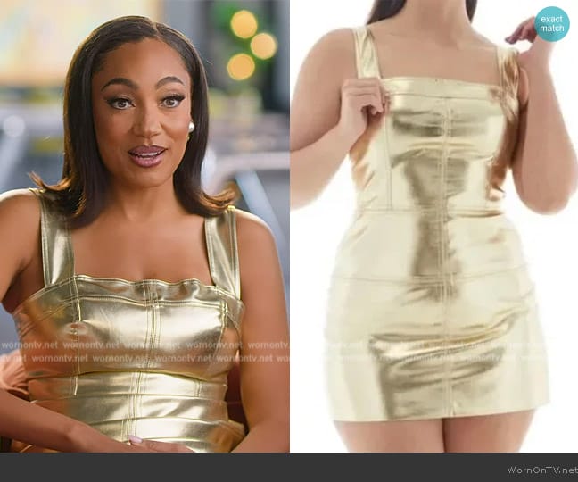 LBV Metallic Gold Vegan Leather Mini Dress worn by Brandi Marshall (Brandi Marshall) on Selling the OC