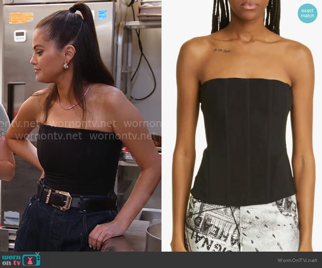 Miaou Libra Strapless Mesh Corset Top worn by Selena Gomez on Selena + Restaurant