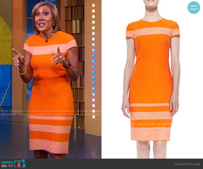 Micro Tweed Engineered Stripe Sheath Dress by St john worn by Robin Roberts on Good Morning America