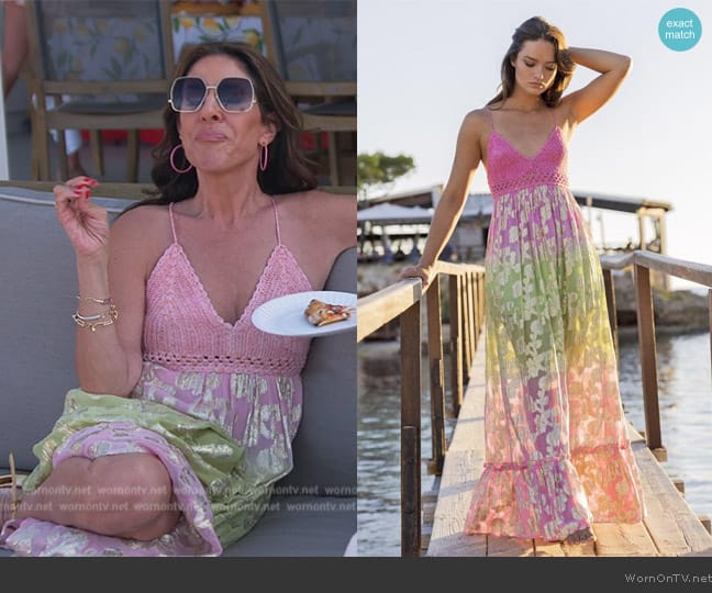 Miss June Crochet Bust Maxi Dress Marley in Ombre Pink & Green worn by Jen Fessler on The Real Housewives of New Jersey