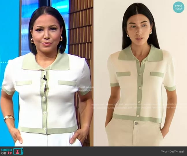 Oak + Fort Contrast Trim Polo Sweater in Oat Milk Elm worn by Stephanie Ramos on Good Morning America