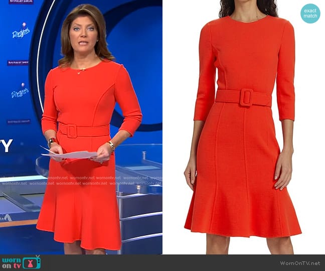 Oscar de la Renta  Belted Jewelneck Midi Dress worn by Norah O'Donnell on CBS Evening News