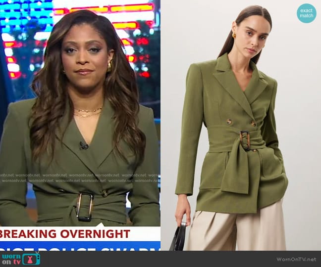 Osman Yousefzada Collective Belted Blazer in Olive worn by Morgan Norwood on Good Morning America