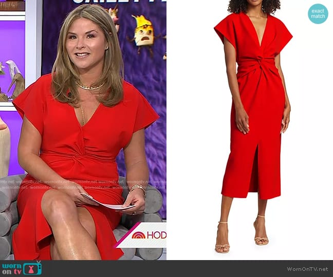 Prabal Gurung Stretch Crepe Twist-Front Midi-Dress in Poppy worn by Jenna Bush Hager on Today