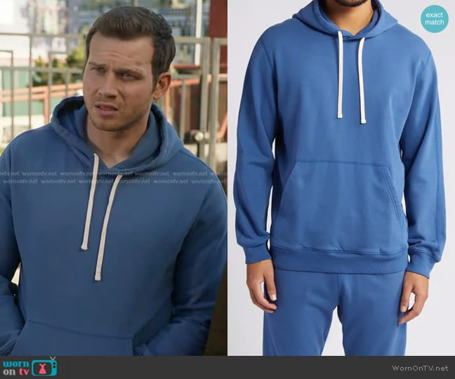 Reigning Champ Classic Midweight Terry Hoodie in Lapis worn by Evan Buckley (Oliver Stark) on 9-1-1