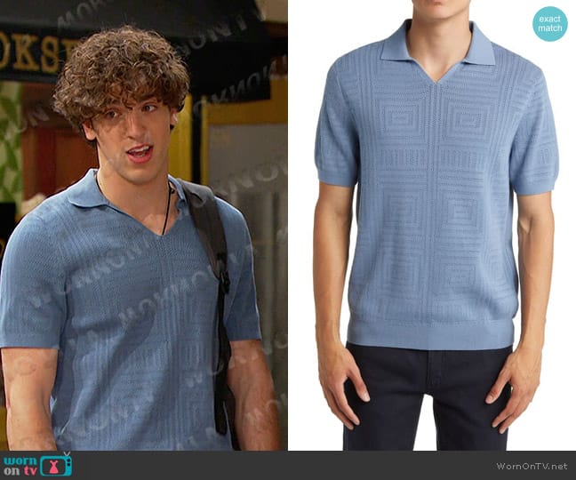 Reiss Thames Knitted Cotton Shirt in Porcelain Blue worn by Aaron Greene (Louis Tomeo) on Days of our Lives