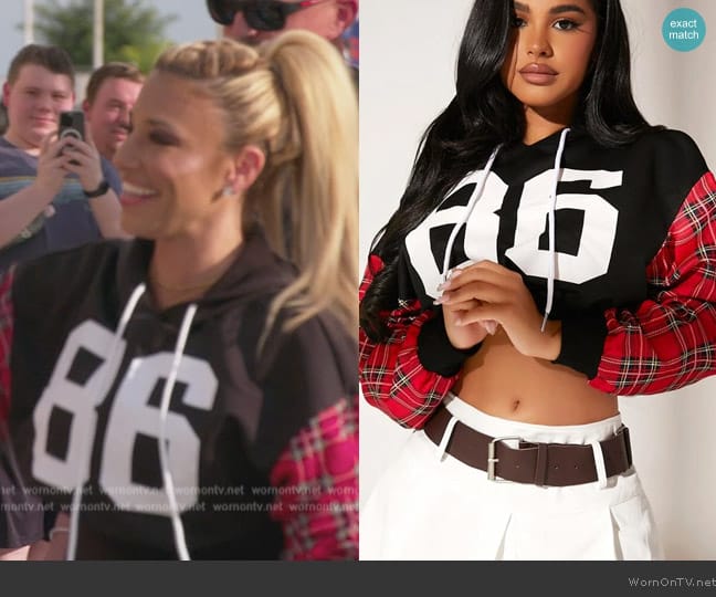 Shein Letter Graphic Tartan Panel Drawstring Hoodie worn by  on The Real Housewives of New Jersey