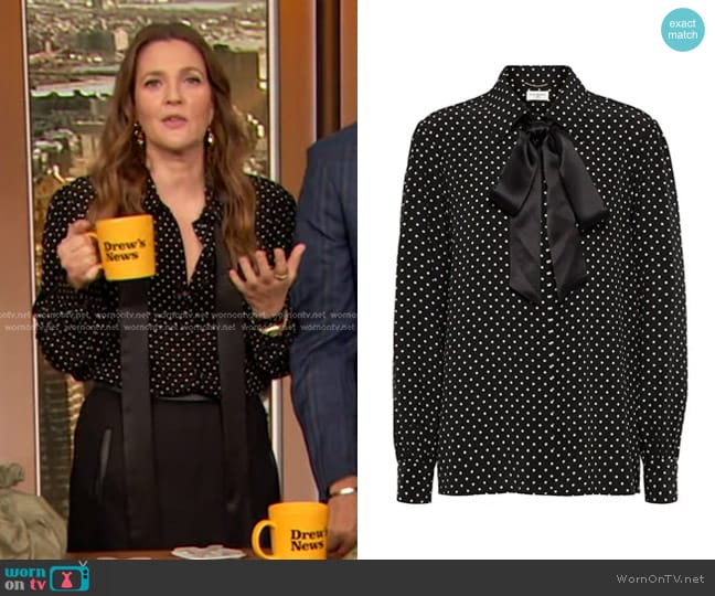 Saint Laurent Tie-Neck Polka-Dot Silk Blouse worn by Drew Barrymore on The Drew Barrymore Show