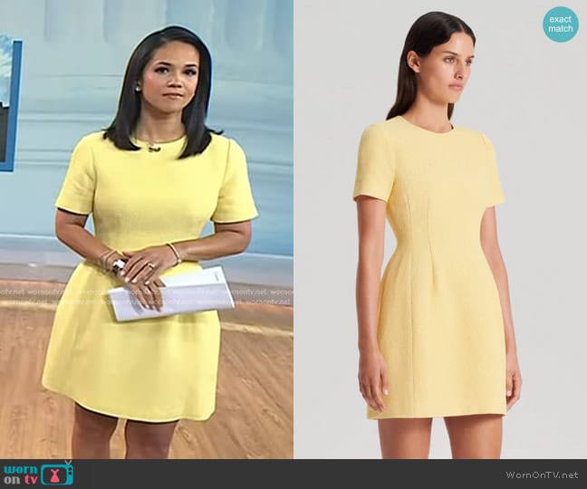 Scanlan Theodore Stretch Reptile Mini Dress in yellow worn by Laura Jarrett on Today