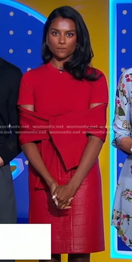 Simone Ashley's red top and leather skirt on Good Morning America