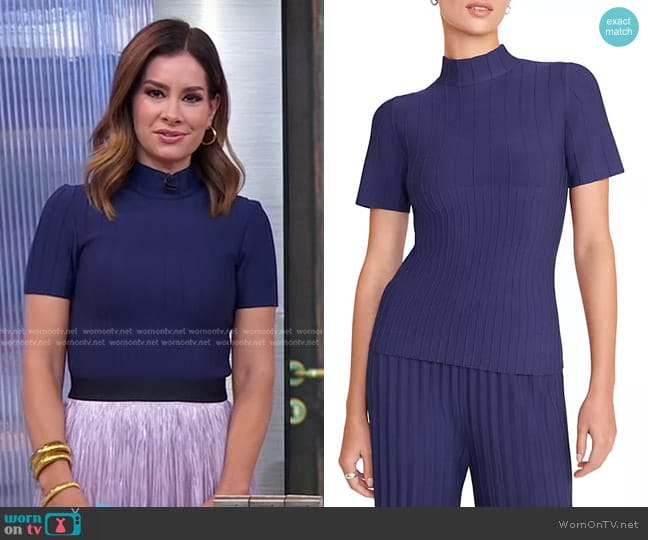 Staud Eleanor Rib-Knit Top in Navy worn by Rebecca Jarvis on Good Morning America