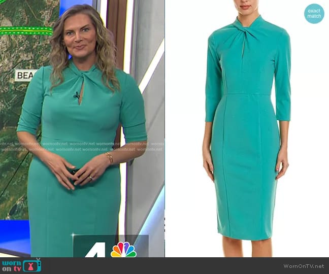 Donna Morgan Stretch Crepe 3/4 Sleeve Twisted Neckline Sheath Dress in Sea Green worn by Emily West on Today