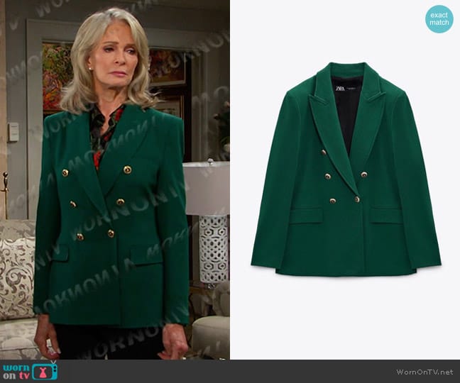 Zara Tailored Double Breasted Blazer in Green worn by Marlena Evans (Deidre Hall) on Days of our Lives