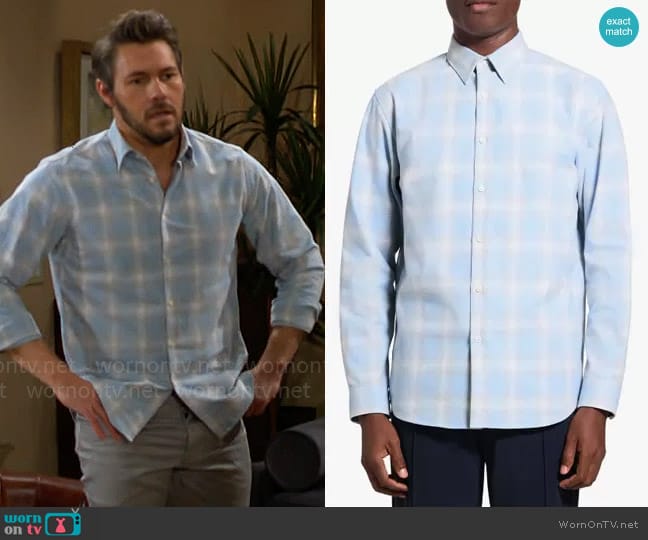 Theory Irving Flannel Shirt in Blue Multi worn by Liam Spencer (Scott Clifton) on The Bold and the Beautiful