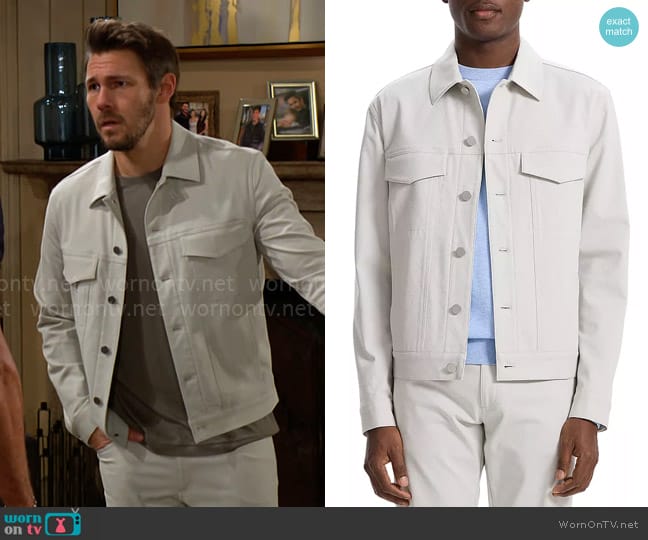 Theory River Cotton Blend Twill Trucker Jacket in Limestone worn by Liam Spencer (Scott Clifton) on The Bold and the Beautiful