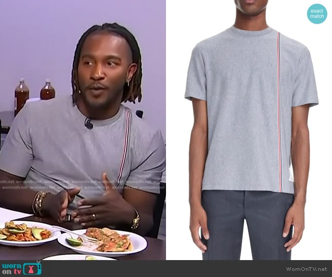 Thom Browne Stripe Cotton Jersey T-Shirt in Medium Grey worn by Scott Evans on Access Hollywood