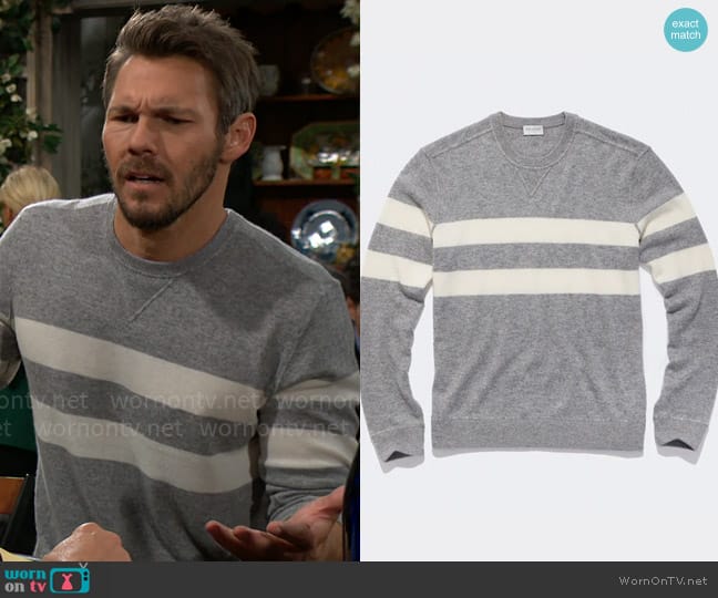 Todd Snyder Cashmere Stripe Sweatshirt in Heather Grey worn by Liam Spencer (Scott Clifton) on The Bold and the Beautiful