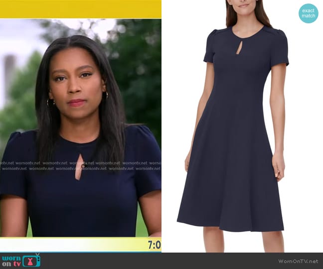 Tommy Hilfiger Keyhole Knee Length Fit & Flare Dress in Navy worn by Rachel Scott on Good Morning America