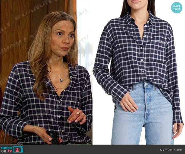 Treasure & Bond Plaid Boyfriend Shirt in Navy- Ivory Baker Plaid worn by Ava Vitali (Tamara Braun ) on Days of our Lives