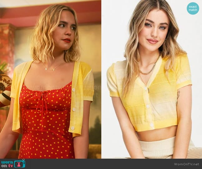 Urban Revivo Cropped short sleeve cardigan in yellow worn by Imogen Adams (Bailee Madison) on Pretty Little Liars Original Sin