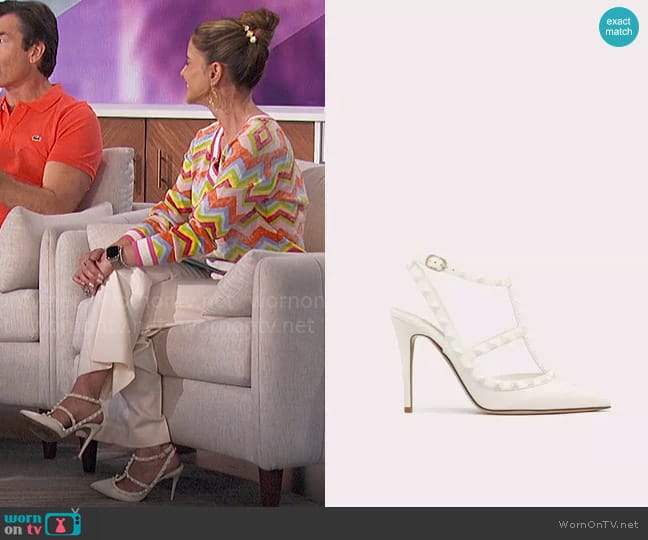 Valentino Garavani Rockstud Ankle Strap Pump with Tonal Studs in Ivory worn by Natalie Morales on The Talk