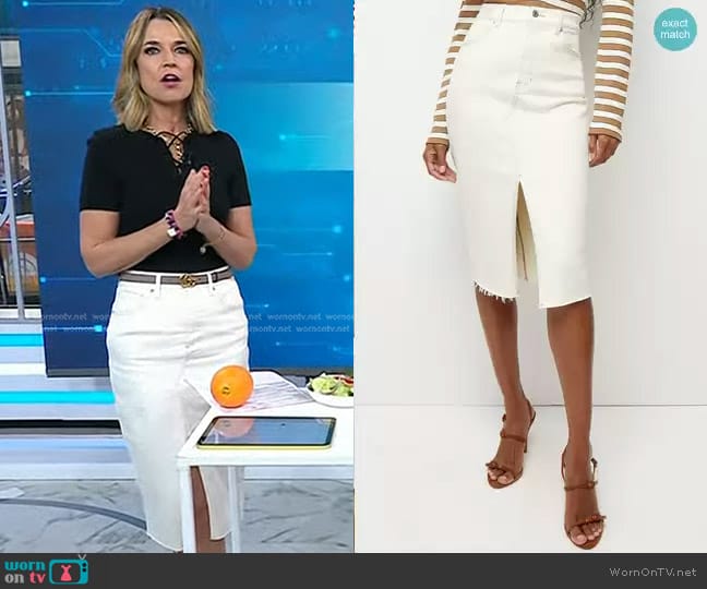 Veronica Beard Breves Denim Midi Skirt in Ecru worn by Savannah Guthrie on Today