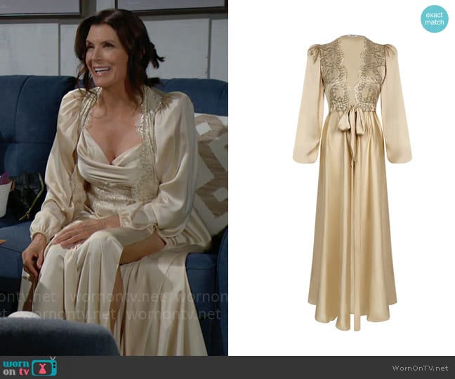 X Intima Gold Maxi Satin Robe Padded Shoulders And Gold Lace Trim worn by Sheila Carter (Kimberlin Brown) on The Bold and the Beautiful