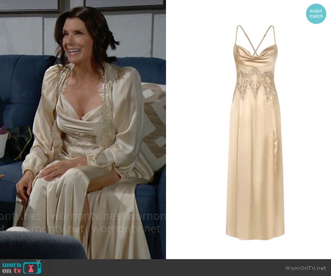 X Intima Gold Soft Gold Lace Nightdress Low-Cut Collar Hand Front Slit worn by Sheila Carter (Kimberlin Brown) on The Bold and the Beautiful