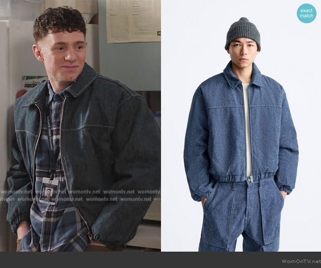 Zara Denim Bomber Jacket worn by Jacob Hill (Chris Perfetti) on Abbott Elementary